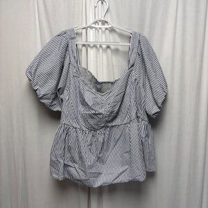 Old Navy Blue White Striped Smocked Top Womens 4X Cotton Short Puff Sleeves NEW
